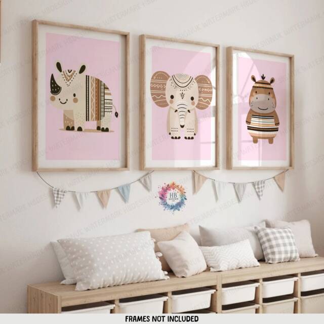 Boho Animal Nursery Pictures - Set Of 3 Posters - Safari Kids Playroom Wall Art Cute Designs Pink Coloured Prints Baby Bedroom Decor - image 1