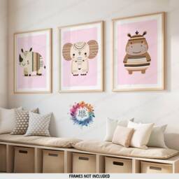 Boho Animal Nursery Pictures - Set Of 3 Posters - Safari Kids Playroom Wall Art Cute Designs Pink Coloured Prints Baby Bedroom Decor - thumbnail 2