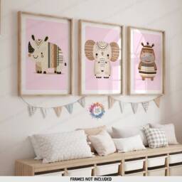 Boho Animal Nursery Pictures - Set Of 3 Posters - Safari Kids Playroom Wall Art Cute Designs Pink Coloured Prints Baby Bedroom Decor - thumbnail 1