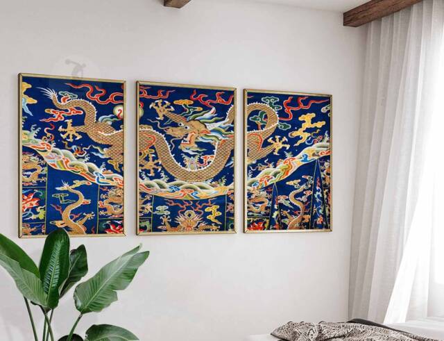 Chinese Set Of 3 Dragon Posters, Floral Art Prints, Oriental Wall Art, Traditional Decor, Gift - image 1