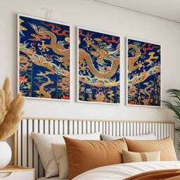 Chinese Set Of 3 Dragon Posters, Floral Art Prints, Oriental Wall Art, Traditional Decor, Gift - thumbnail 2