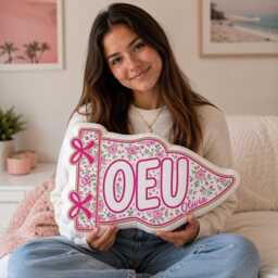 Custom Floral College Pennant Pillow, Personalized Plush Dorm Decor - thumbnail 1