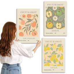 Canvas Art Set Of 3 - Fruit Poster Patterns in Retro Style, Yellow Large Wall Art, Food & Drinks Decor - thumbnail 3