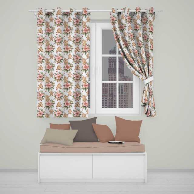 Cute Gingerbread Cookies With Poinsettia Flowers Seamless Pattern Readymade Eyelet Ring Top Thermal 100% Blackout Curtains - image 1