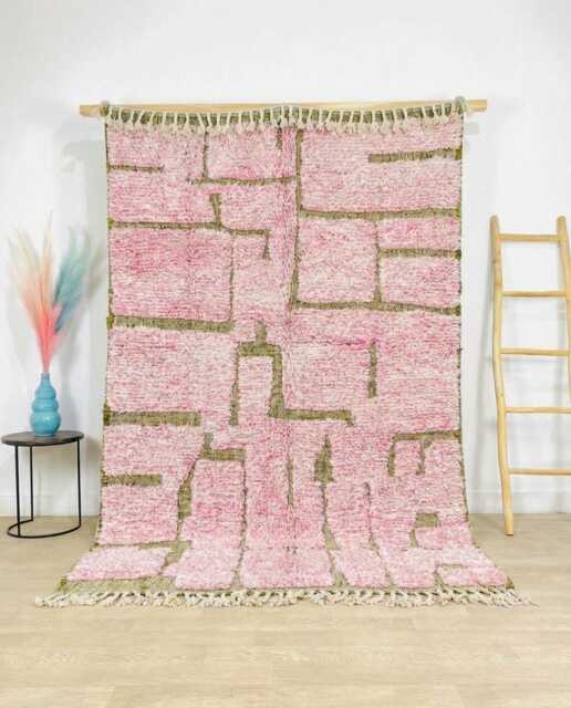 Hand Tufted Moroccan Pink Berber Rug, Authentic Beni Ourain Carpet, Large 9x12 Area Handwoven Wool Shag Rug With Abstract Lines - image 1