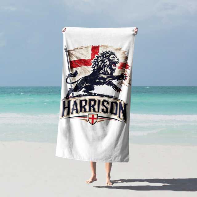 Lions Silhouette Personalised Name England Flag Bath Beach Towel Football Supporter St Georges Cross Sports Fan Holiday Gift Present For Him - image 1