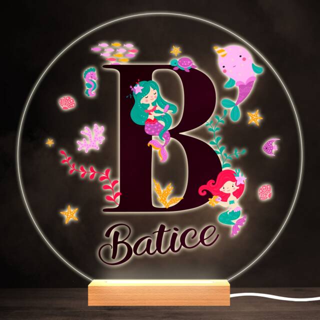 Sealife With Mermaids Alphabet Letter B Round Personalised Gift Lamp Night Light - Bedroom - image 1