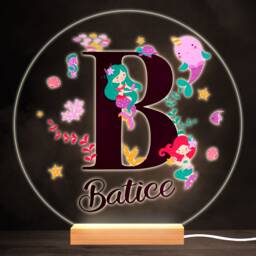 Sealife With Mermaids Alphabet Letter B Round Personalised Gift Lamp Night Light - Bedroom - thumbnail 1