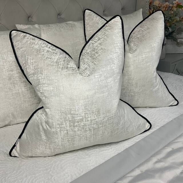 Elegant White & Silver Textured Cushion Cover With Black Piping - Luxury Designer Pillow Sham Home Decor Amelie - image 1