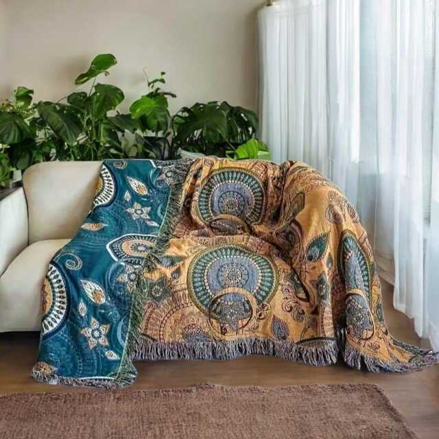 Bohemian Paisley Mandala Throw Blanket Teal & Gold Fringed Cotton - image 1