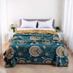 Bohemian Paisley Mandala Throw Blanket Teal & Gold Fringed Cotton - thumbnail 4