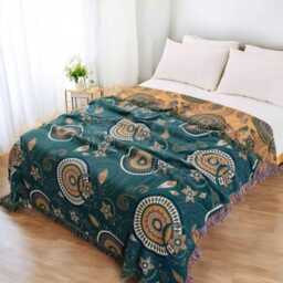 Bohemian Paisley Mandala Throw Blanket Teal & Gold Fringed Cotton - thumbnail 3