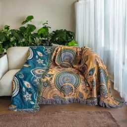 Bohemian Paisley Mandala Throw Blanket Teal & Gold Fringed Cotton