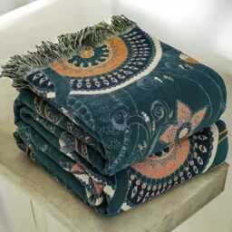Bohemian Paisley Mandala Throw Blanket Teal & Gold Fringed Cotton - thumbnail 2