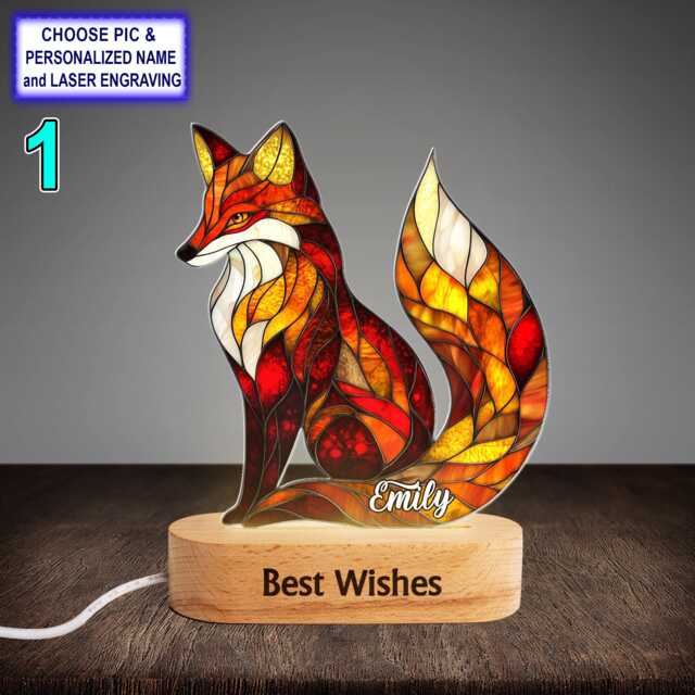 Personalized Red Fox Acrylic Night Light With Name Engraving, Beech Wood Led Lamp, Custom Laser Engraved Gift - image 1