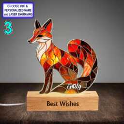 Personalized Red Fox Acrylic Night Light With Name Engraving, Beech Wood Led Lamp, Custom Laser Engraved Gift - thumbnail 3