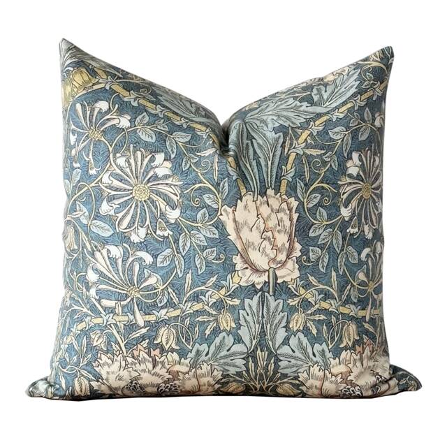 Teal Floral Block Print Pillow Cover - William Morris Inspired Designer Throw Honey - image 1