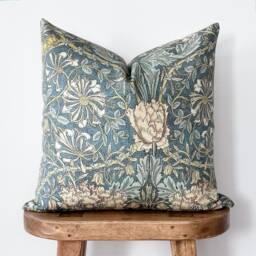 Teal Floral Block Print Pillow Cover - William Morris Inspired Designer Throw Honey - thumbnail 2