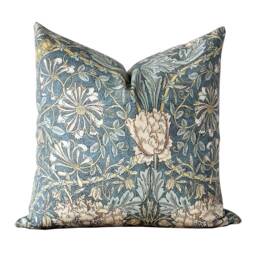 Teal Floral Block Print Pillow Cover - William Morris Inspired Designer Throw Honey