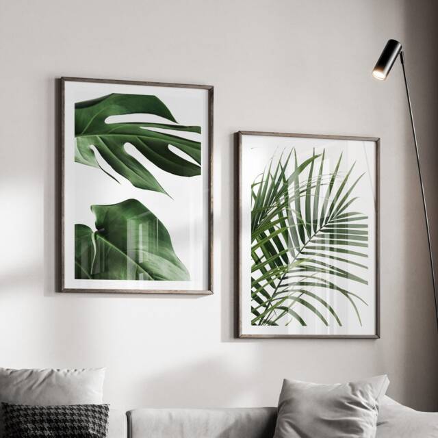 Green Leaf Prints, Set Of 2 Tropical Wall Art, Living Room Photography Posters, Monstera Leaves, Plants Bedroom Prints - image 1