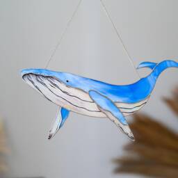 Blue Whale Wall Decor Stained Glass Humpback Hanging Ocean Creature Whale Nursery Art New Home Gift Idea Beach House Decoration - thumbnail 3