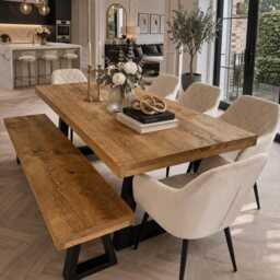 Set Table/Bench/5 Chairs - Industrial Dining Table Grantham Trapezium Legs Table/Bench 200cm