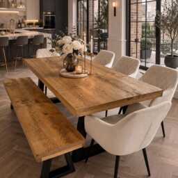 Set Table/Bench/5 Chairs - Industrial Dining Table Grantham Trapezium Legs Table/Bench 200cm - thumbnail 4