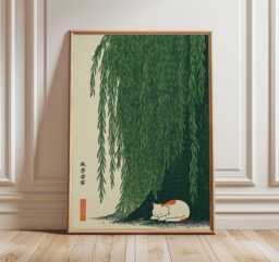 Cat Under Willow Tree Wall Art, Japanese Style Print, Green Nature Poster - thumbnail 1