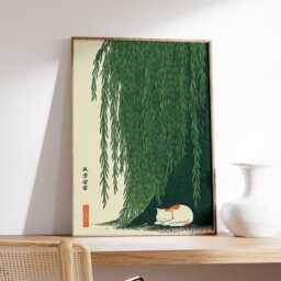 Cat Under Willow Tree Wall Art, Japanese Style Print, Green Nature Poster - thumbnail 2