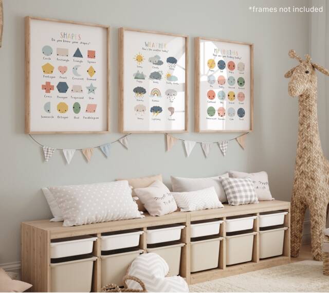 Set Of 3 Educational Nursery Prints, Shapes Print, Feelings Chart, Weather Scandi Decor, Playroom Prints - image 1