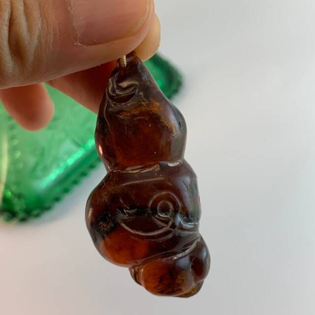 Hand Carved Amber Gourd Charm Vintage Healthy Amulet - image 1