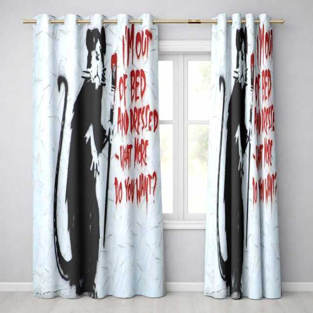 Black Rat With Red Paint Brush Humorous Graffiti Decorative Design For Home Decor Readymade Eyelet Ring Top Thermal 100% Blackout Curtains - image 1