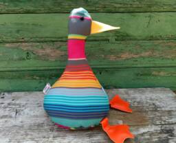 Cool Canard Doorstop/Bookend. Fabric Duck Doorstop. Flat Packed. Multicoloured Striped Canvas. Funny Doorstops. Animal Doorstops - thumbnail 1