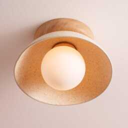 Speckled Cream Matt Small Dawn Ceiling Light in Ceramic & Oak - thumbnail 2