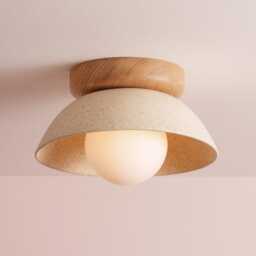 Speckled Cream Matt Small Dawn Ceiling Light in Ceramic & Oak - thumbnail 1