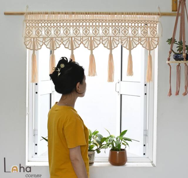 Pofeikts Macrame Beaded Valance – Boho Window Short Curtain, 47x29 Inch, Beige Cotton