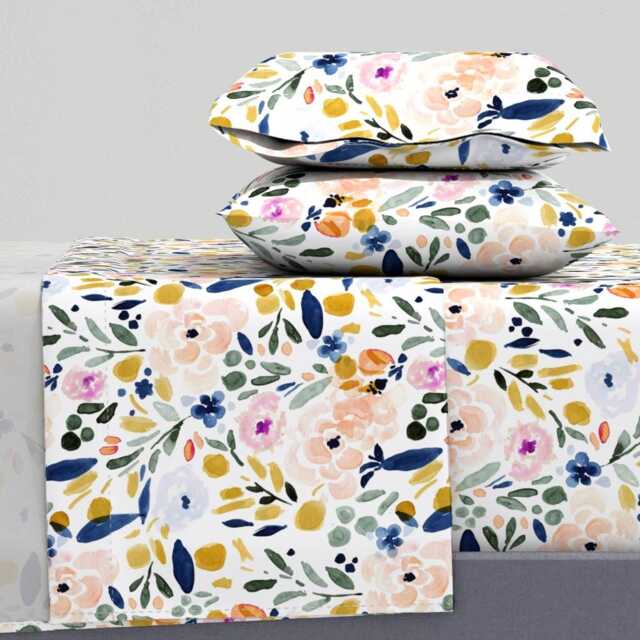 Pastel Floral Sheets - Sierra-Floral By Crystal_Walen Watercolor Nursery Spring Bohemian Cotton Sateen Sheet Set Bedding Spoonflower - image 1