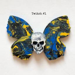 Twitch Butterfly Skullie Unique Art Piece Skull Butterfly - Handmade Fluid Acrylic Poured On Masonite Colorful Vibrant - thumbnail 2