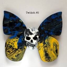 Twitch Butterfly Skullie Unique Art Piece Skull Butterfly - Handmade Fluid Acrylic Poured On Masonite Colorful Vibrant - thumbnail 1
