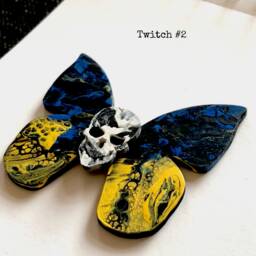 Twitch Butterfly Skullie Unique Art Piece Skull Butterfly - Handmade Fluid Acrylic Poured On Masonite Colorful Vibrant - thumbnail 3