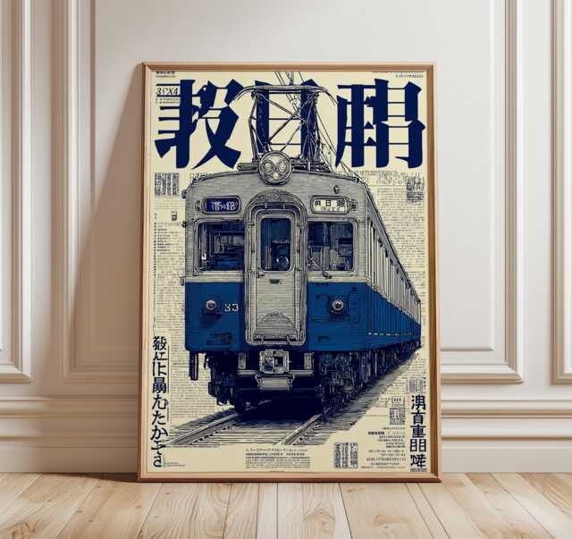 Japanese Train Art Print, Retro Railway Poster, Vintage Locomotive Illustration, Industrial Wall Art, Blue & Cream Travel Decor - image 1