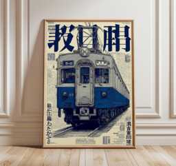 Japanese Train Art Print, Retro Railway Poster, Vintage Locomotive Illustration, Industrial Wall Art, Blue & Cream Travel Decor - thumbnail 1
