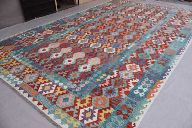 10x16 Large Area Rug, Afghan Authentic Handmade Kilim Wool Geometric Flatweave Multicolor Natural Veg Dyes Bedroom Rug - image 1