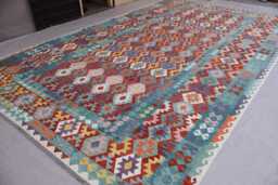 10x16 Large Area Rug, Afghan Authentic Handmade Kilim Wool Geometric Flatweave Multicolor Natural Veg Dyes Bedroom Rug - thumbnail 1