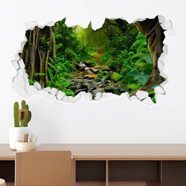 Nature Wall Sticker - Tropical Jungle With Stream Broken Decal Home Decor Art - image 1