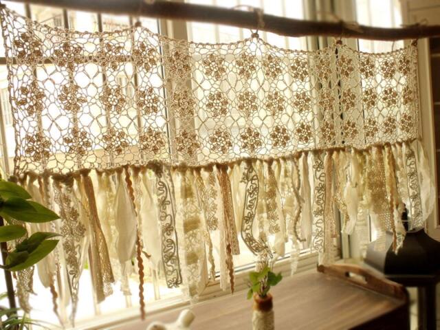 Hand Crochet Boho Valance Curtain Shabby Chic Tassel Window Treatment - image 1