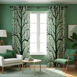 Green Tree Silhouette Curtains, Nature Inspired Branch & Leaf Pattern Drapes, Modern Botanical Window Panels