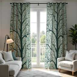 Green Tree Silhouette Curtains, Nature Inspired Branch & Leaf Pattern Drapes, Modern Botanical Window Panels - thumbnail 4