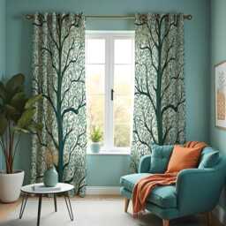 Green Tree Silhouette Curtains, Nature Inspired Branch & Leaf Pattern Drapes, Modern Botanical Window Panels - thumbnail 2