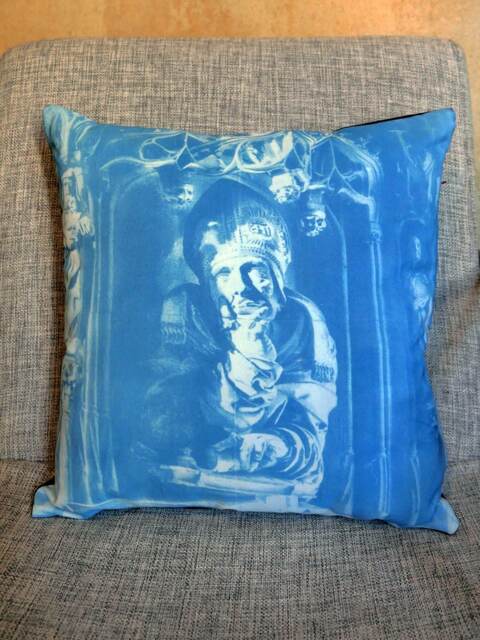 Handprinted Blue Pillow - Cyanotype With Velvet & Statue Motive - image 1